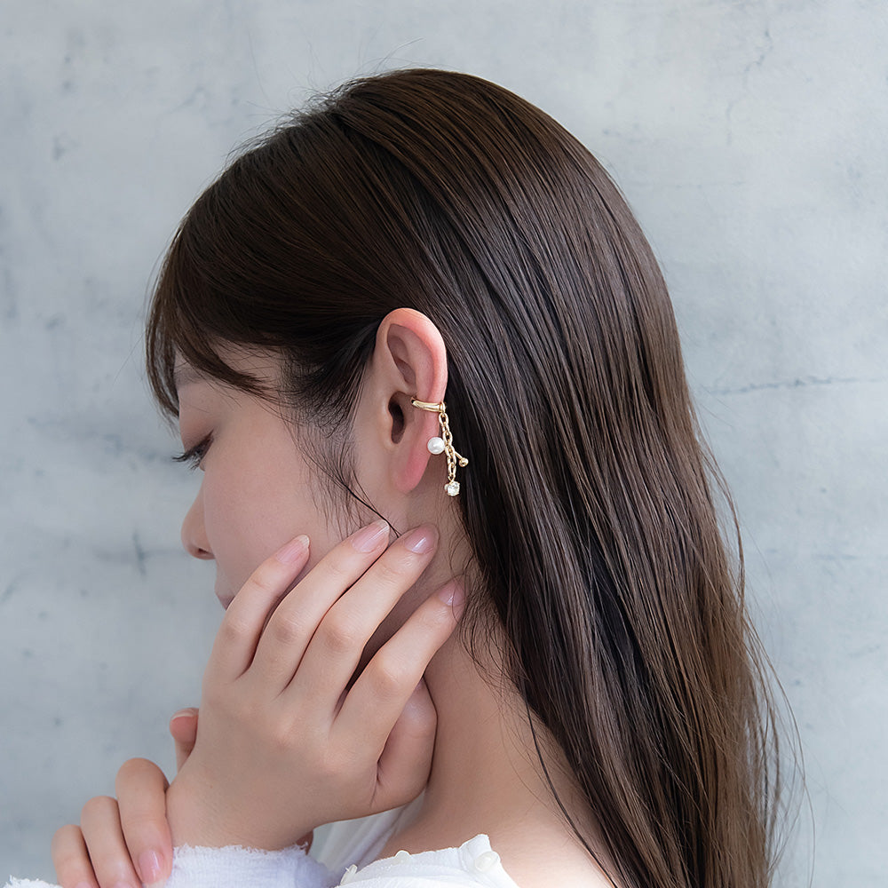 イヤーカフ ニッケルフリー メタル ボール パール ストーン チェーン イヤリング 【片耳用】