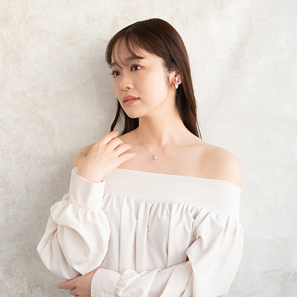 イヤリング ニッケルフリー ロゼシルバー メタル ドロップ カーブ プレート パール ネジバネ式イヤリング