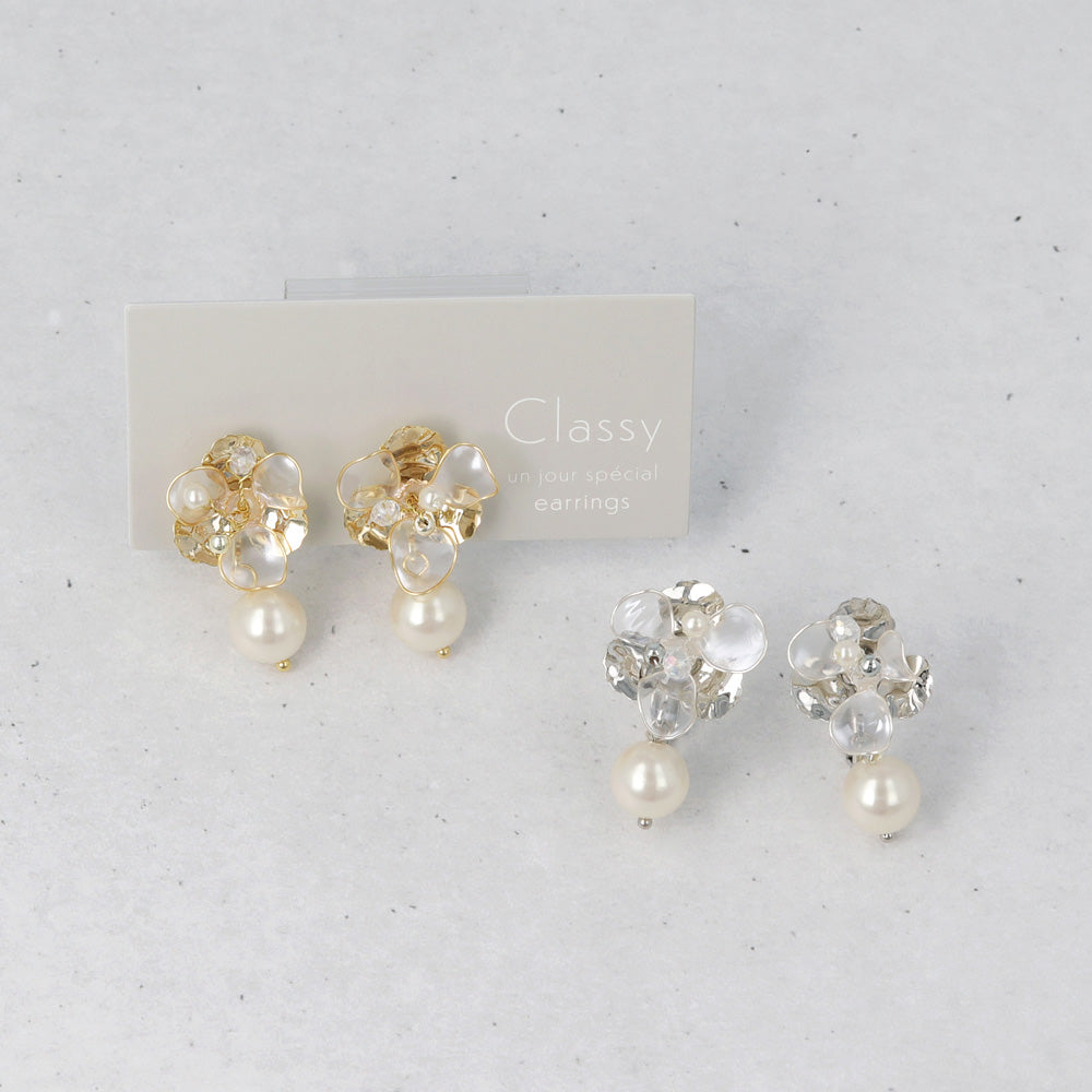 Classy イヤリング ニッケルフリー メタル ワイヤー フラワー 半透明 パール ビーズ ネジバネ式イヤリング