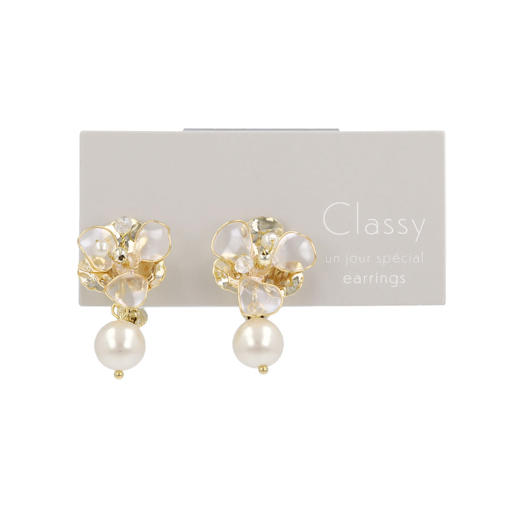 Classy イヤリング ニッケルフリー メタル ワイヤー フラワー 半透明 パール ビーズ ネジバネ式イヤリング