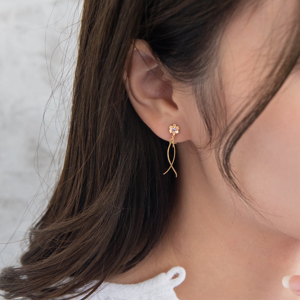 イヤリング ニッケルフリー メタル ワイヤー カーブライン ミニ フラワー カラーストーン パール ネジバネ式イヤリング