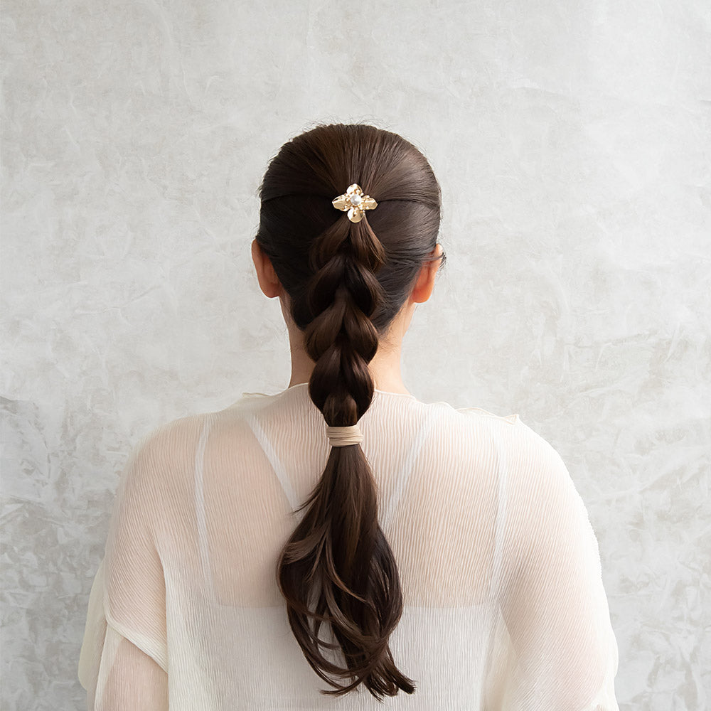 ヘアカフ ヘアゴム メタル パール フラワー 花 2個セット ワイド リングゴム ヘアポニー ポニーフック