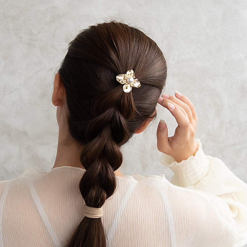 ヘアカフ ヘアゴム メタル パール フラワー 花 2個セット ワイド リングゴム ヘアポニー ポニーフック
