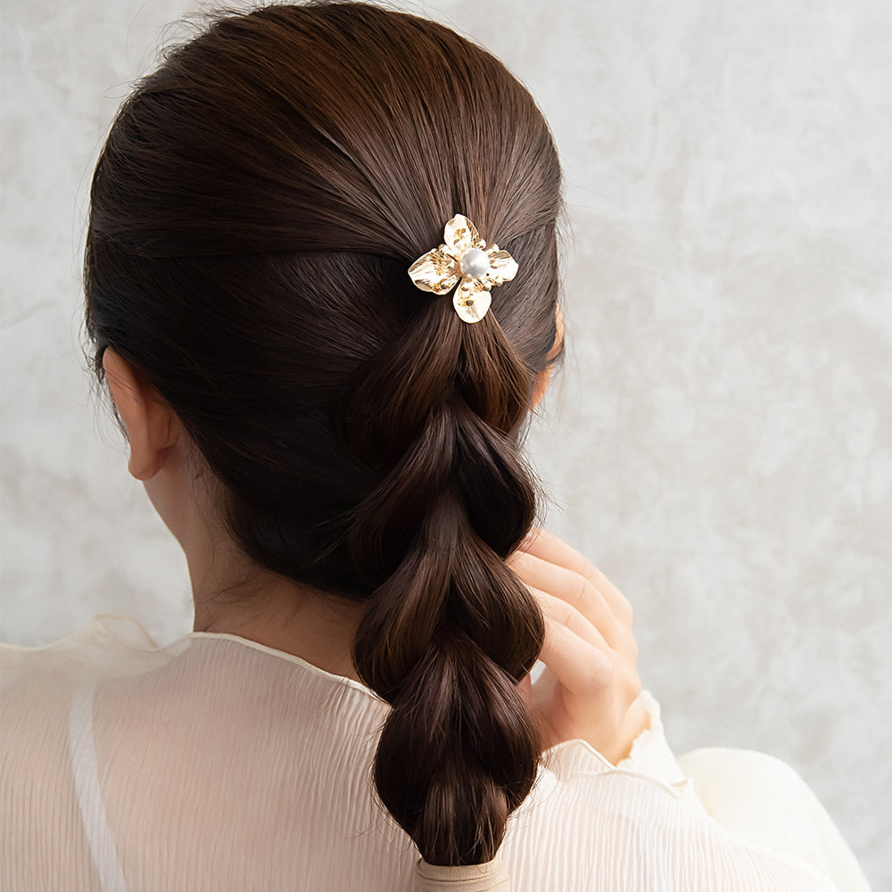 ヘアカフ ヘアゴム メタル パール フラワー 花 2個セット ワイド リングゴム ヘアポニー ポニーフック