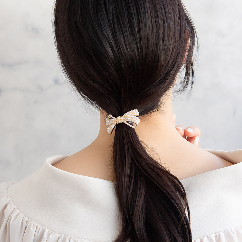 ヘアカフ リボン パヴェ ミニ パール メタル ヘアポニー ポニーフック