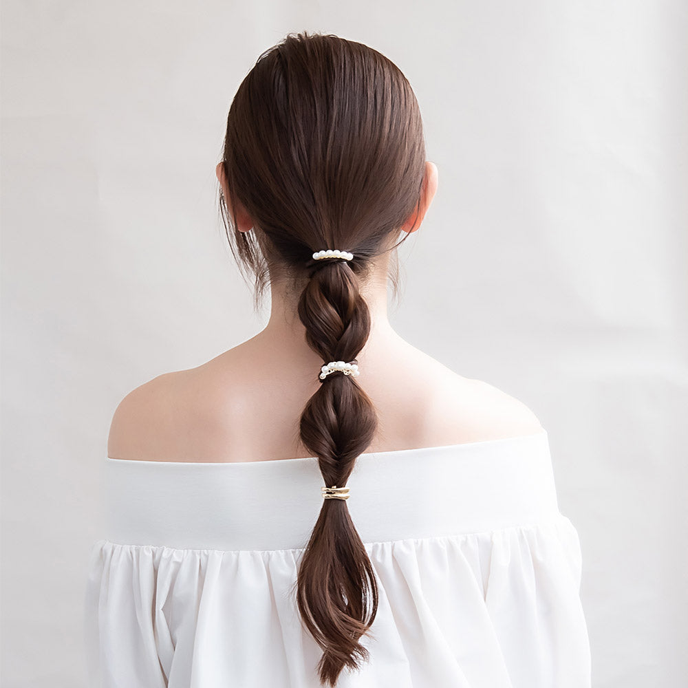 ヘアカフ ミニセットカフ メタル ダブル カーブ ライン パール 透かし 3個セット ヘアポニー ポニーフック