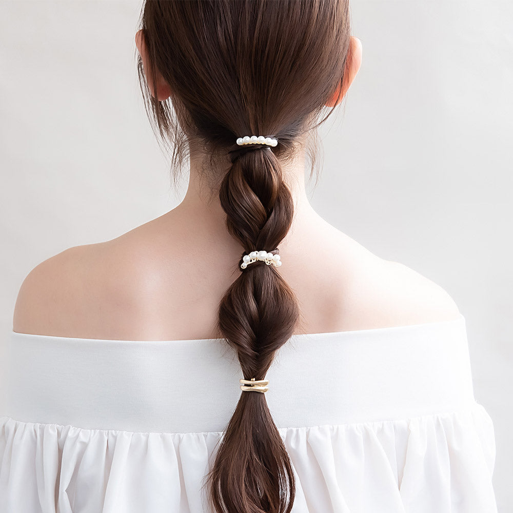 ヘアカフ ミニセットカフ メタル ダブル カーブ ライン パール 透かし 3個セット ヘアポニー ポニーフック