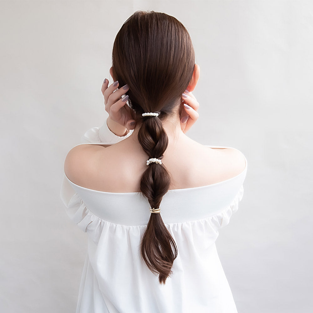 ヘアカフ ミニセットカフ メタル ダブル カーブ ライン パール 透かし 3個セット ヘアポニー ポニーフック