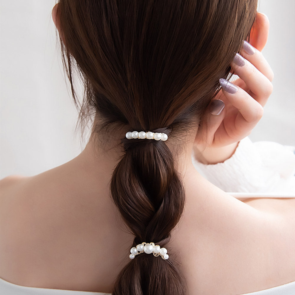 ヘアカフ ミニセットカフ メタル ダブル カーブ ライン パール 透かし 3個セット ヘアポニー ポニーフック