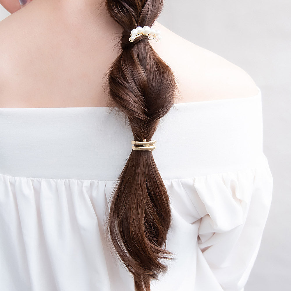 ヘアカフ ミニセットカフ メタル ダブル カーブ ライン パール 透かし 3個セット ヘアポニー ポニーフック