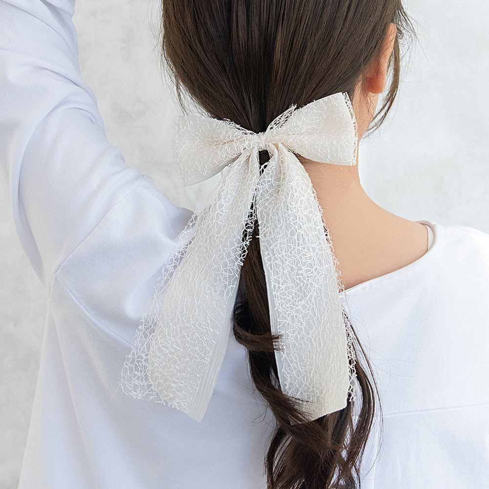 ヘアカフ ロングダブルリボン シアーレース モノトーンカラー