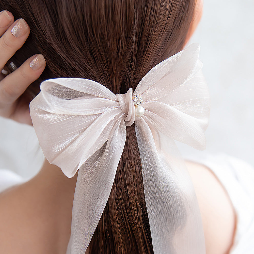 ヘアカフ シアー シマー ロング リボン パール ストーン