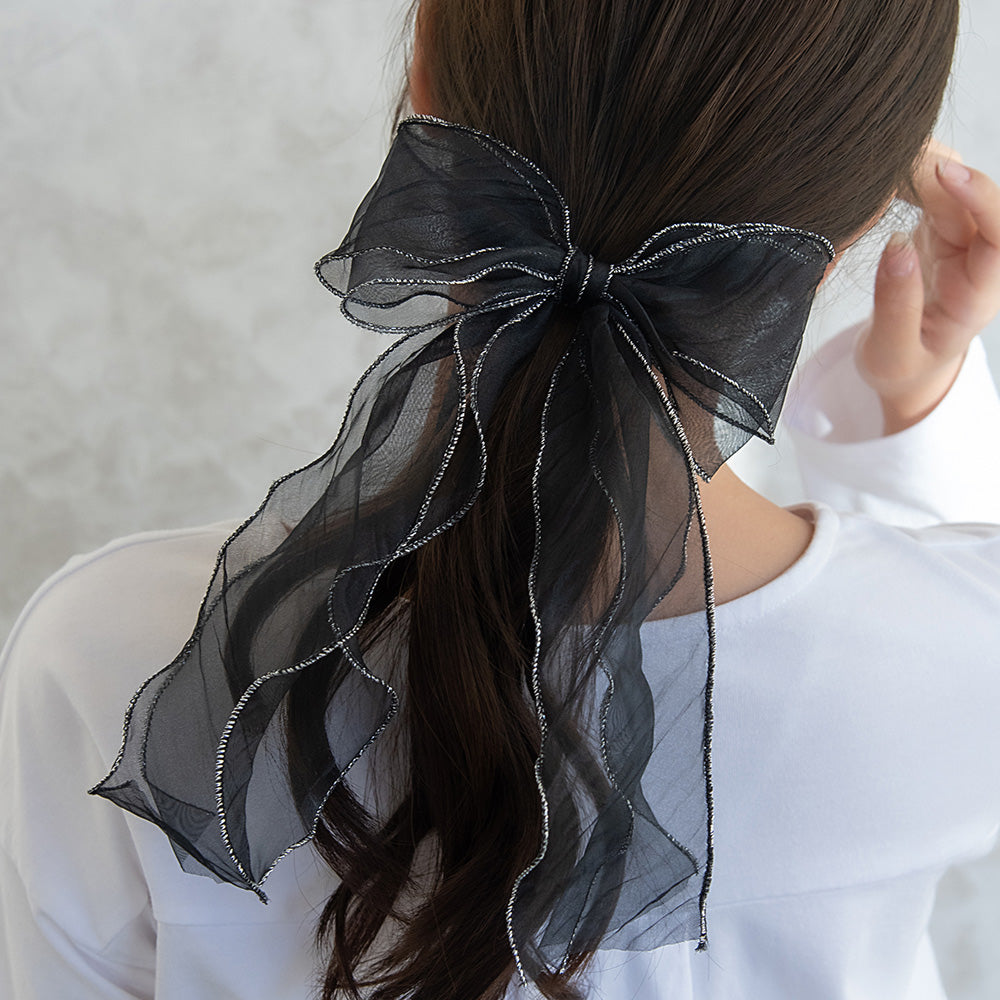 ヘアカフ シアー パイピング ダブルロングリボン ラメ糸