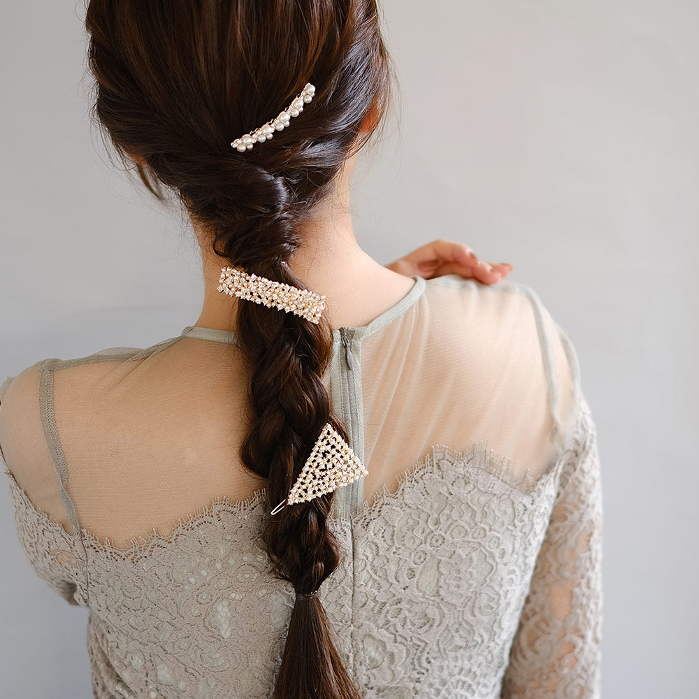 Classy ヘアアレンジセット ヘアコーム ヘアクリップ ヘアピン ニッケルフリー メタル ミニ ストーン パール バブル レクタングル トライアングル 3個セット コーム クリップ ダボピン