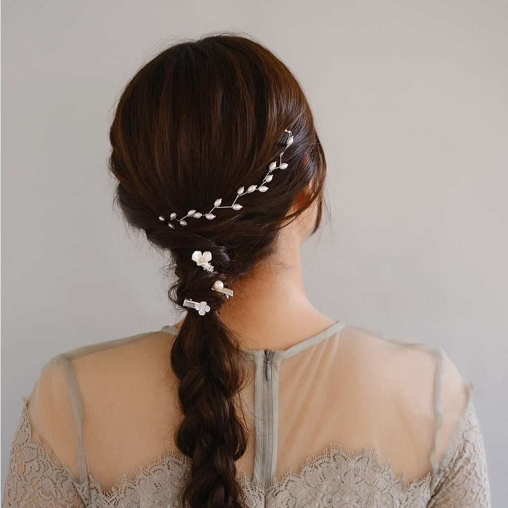 Classy ヘアアレンジセット ヘッドドレス ミニクリップ メタル パール オーバル チェーン フラワー 花 4個セット クリップ アメピン
