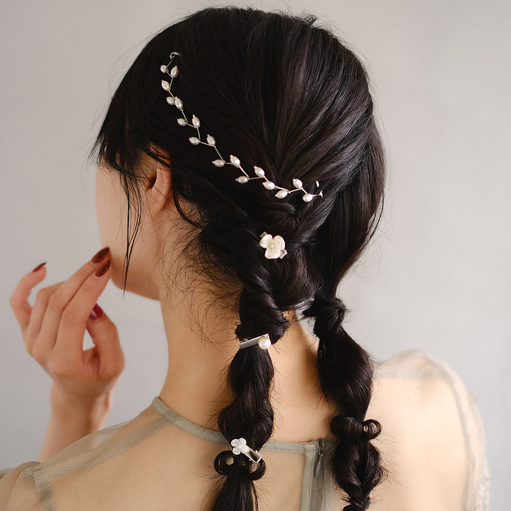 Classy ヘアアレンジセット ヘッドドレス ミニクリップ メタル パール オーバル チェーン フラワー 花 4個セット クリップ アメピン
