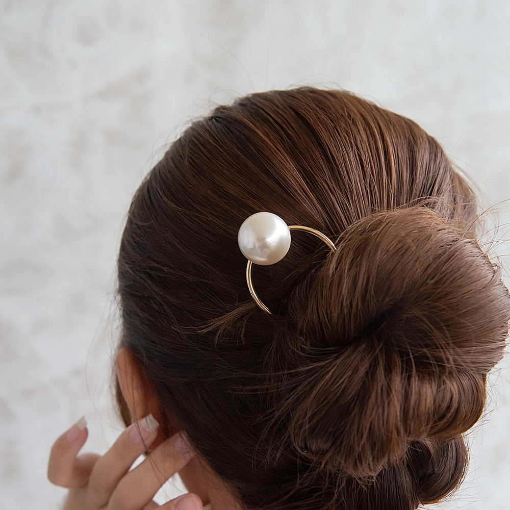 かんざし hair stick メタル ビッグ パール U字 カーブ ヘアコーム ヘアスティック