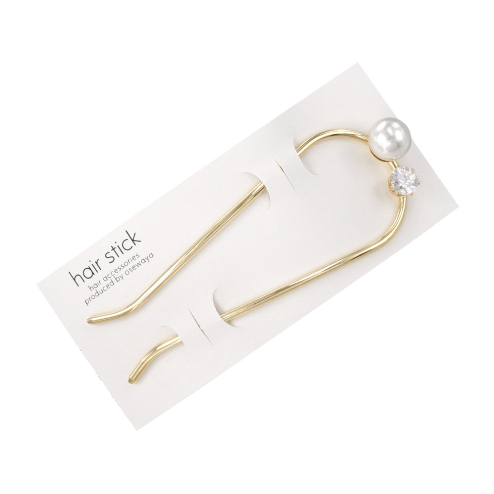 かんざし hair stick メタル キュービックジルコニア パール U字 カーブ ヘアコーム ヘアスティック