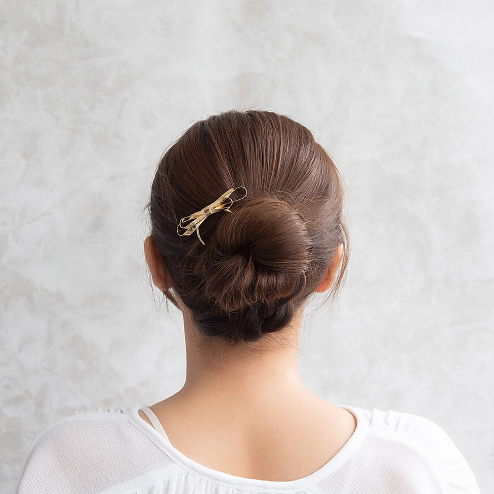 かんざし hair stick メタル ダブル リボン 梨地 U字 カーブ ヘアコーム ヘアスティック