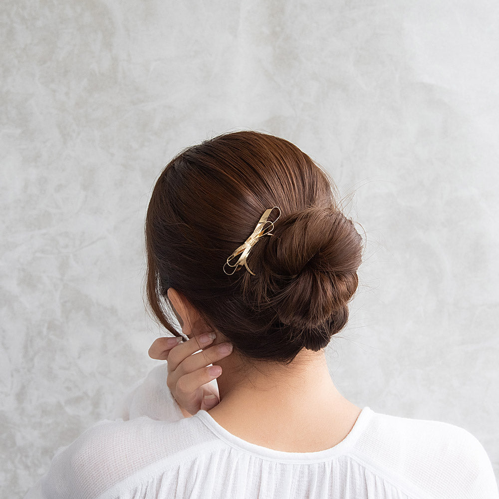 かんざし hair stick メタル ダブル リボン 梨地 U字 カーブ ヘアコーム ヘアスティック