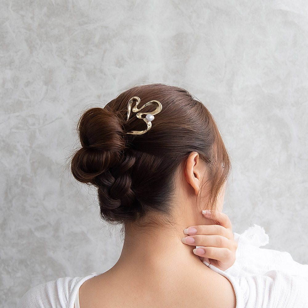 かんざし hair stick メタル ウェーブ ライン カーブ パール U字 ヘアスティック