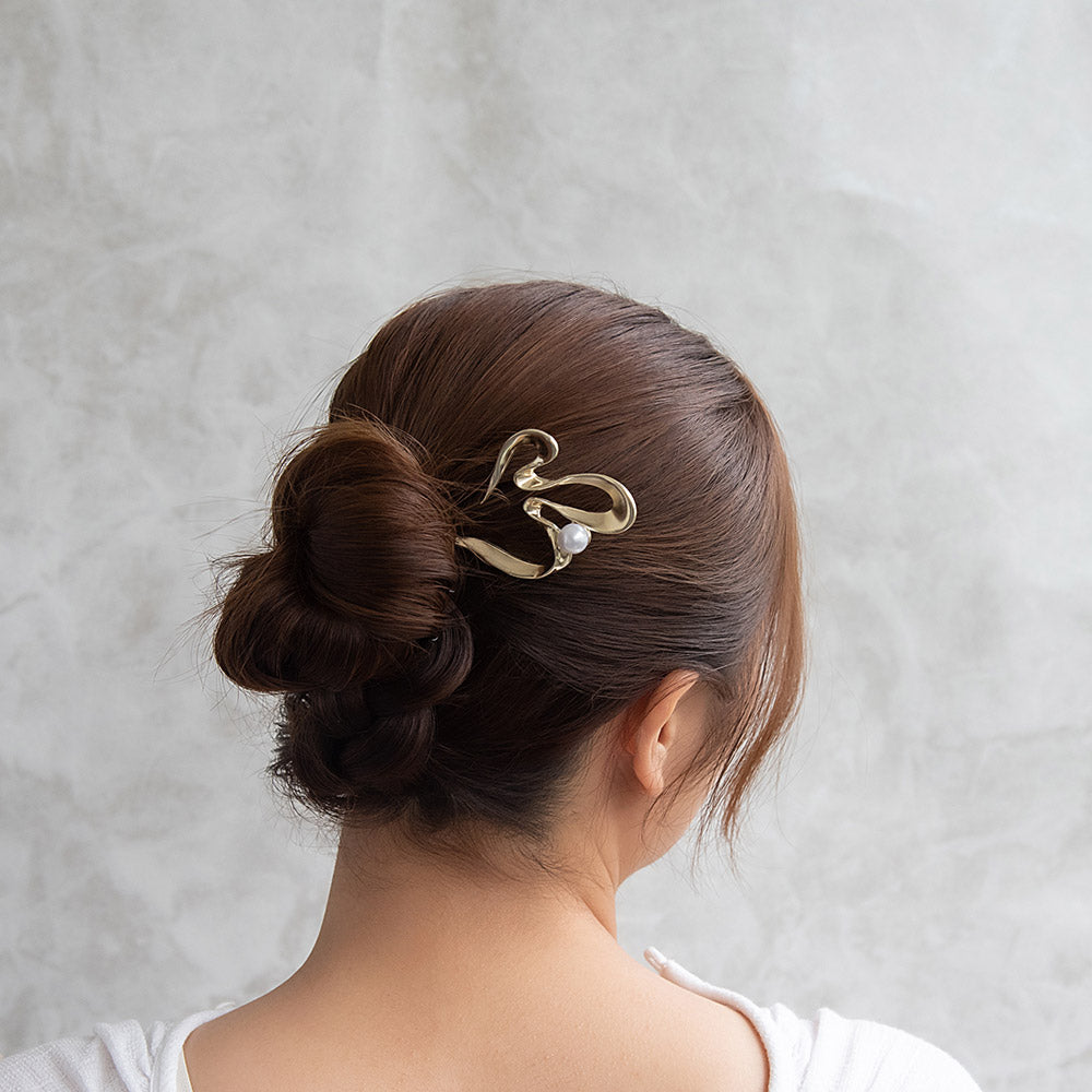 かんざし hair stick メタル ウェーブ ライン カーブ パール U字 ヘアスティック
