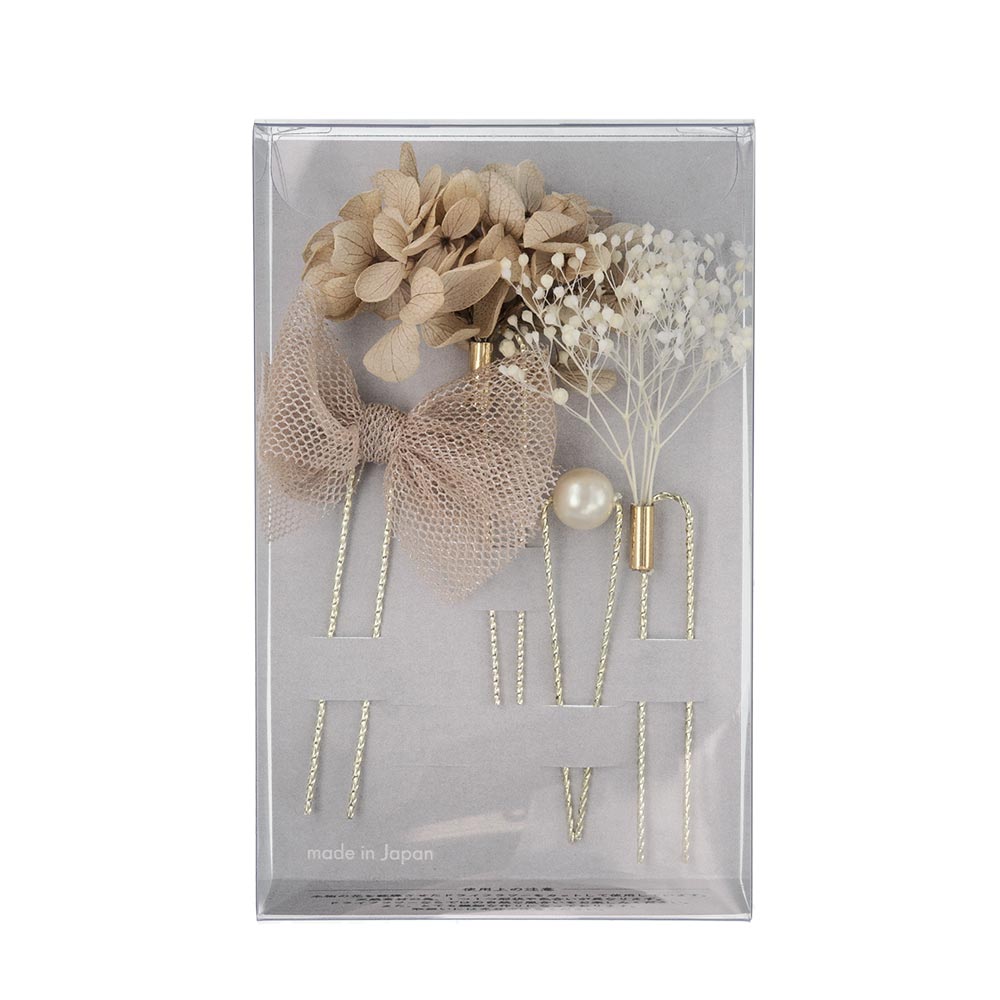 ヘアピン ドライフラワー 紫陽花 かすみ草 パール チュール リボン 4本セット Uピン