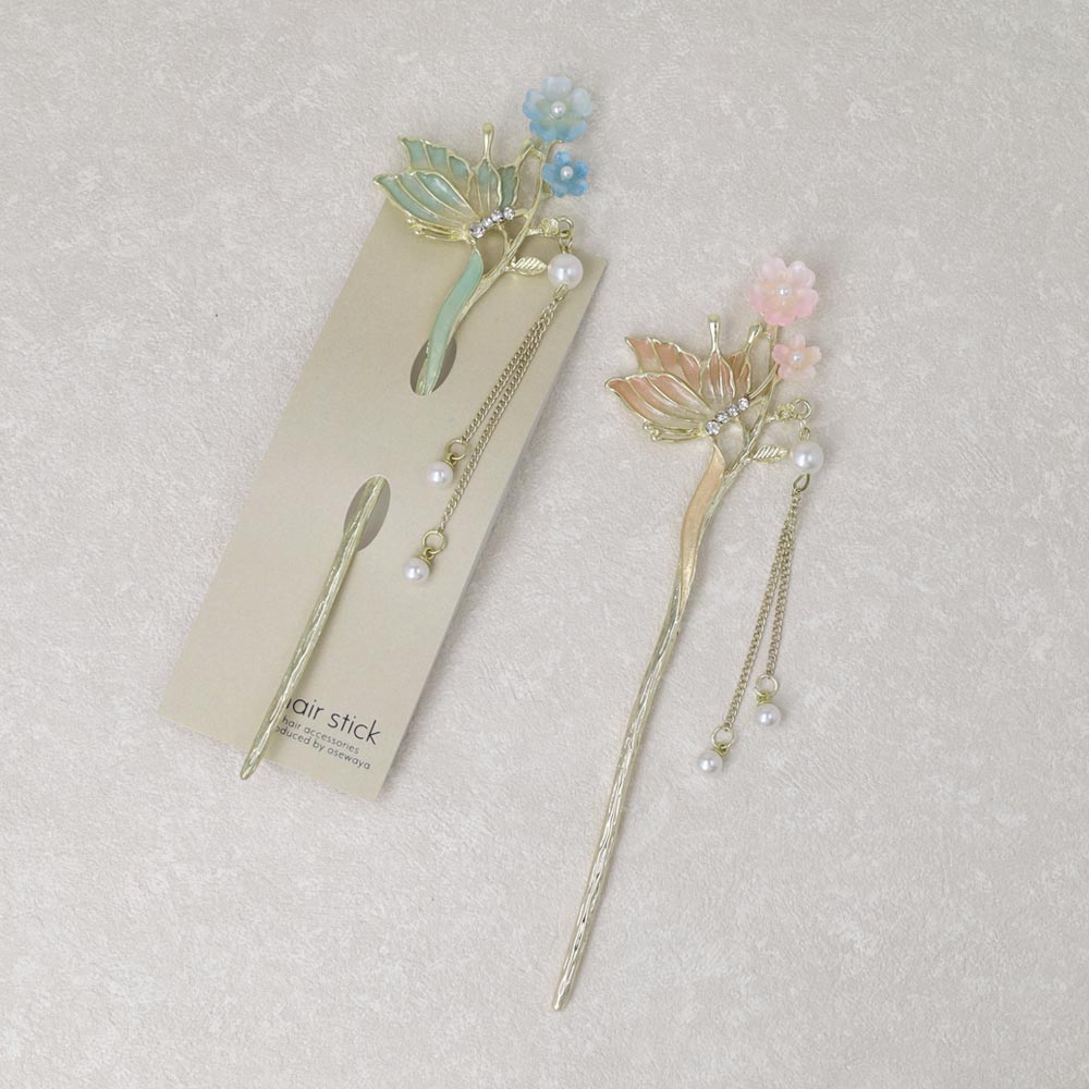 かんざし hair stick メタル フラワー バタフライ グラデーション ストーン パール チェーン 下がり 簪