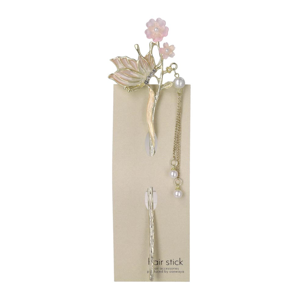 かんざし hair stick メタル フラワー バタフライ グラデーション ストーン パール チェーン 下がり 簪