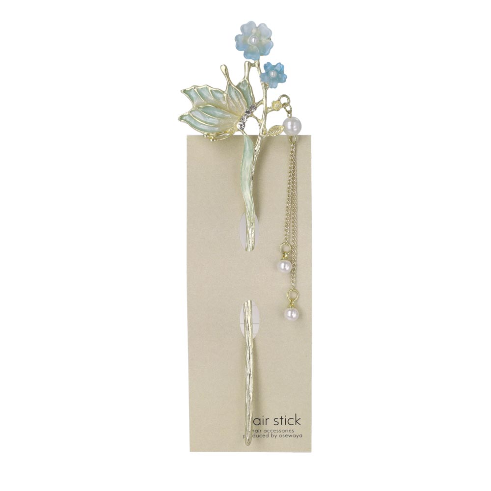 かんざし hair stick メタル フラワー バタフライ グラデーション ストーン パール チェーン 下がり 簪