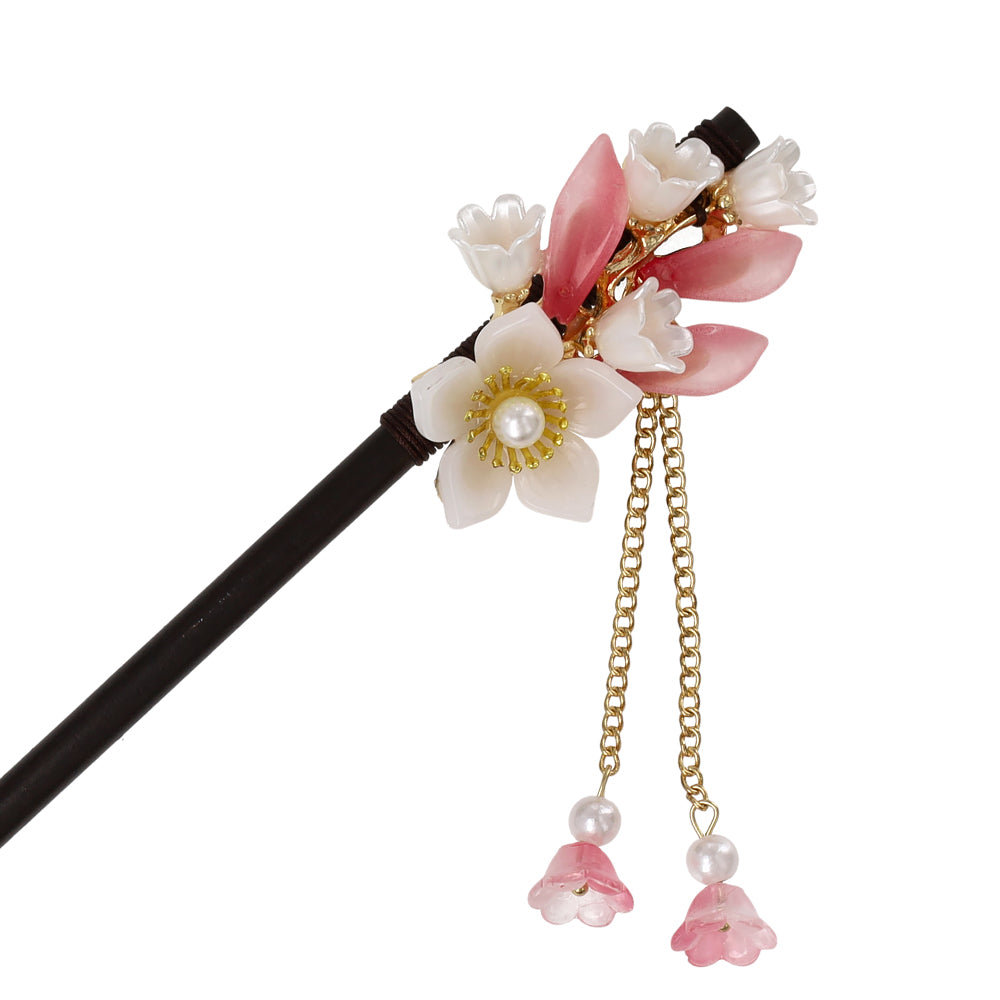 かんざし hair stick フラワー グラデーション パール チェーン 下がり ウッド