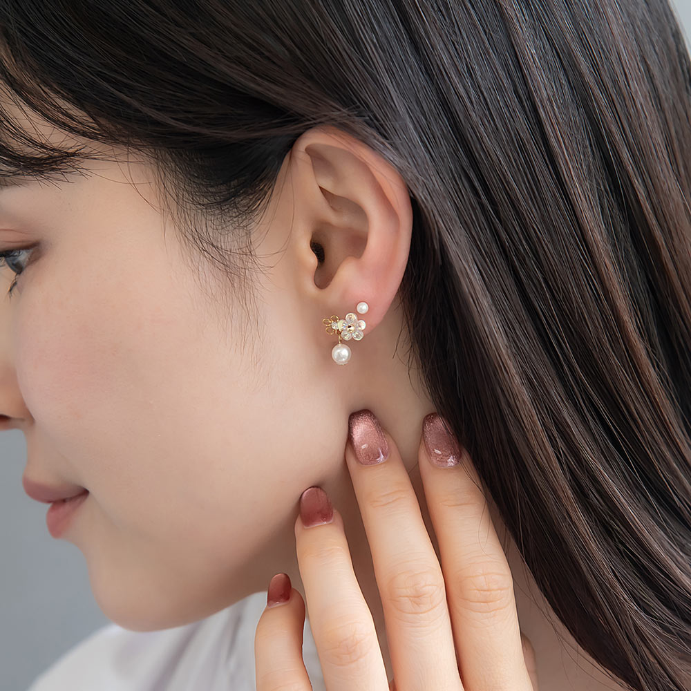 樹脂ピアス ニッケルフリー メタル フラワー オーロラ カラー ストーン パール 5個セット スタッドピアス ドロップピアス