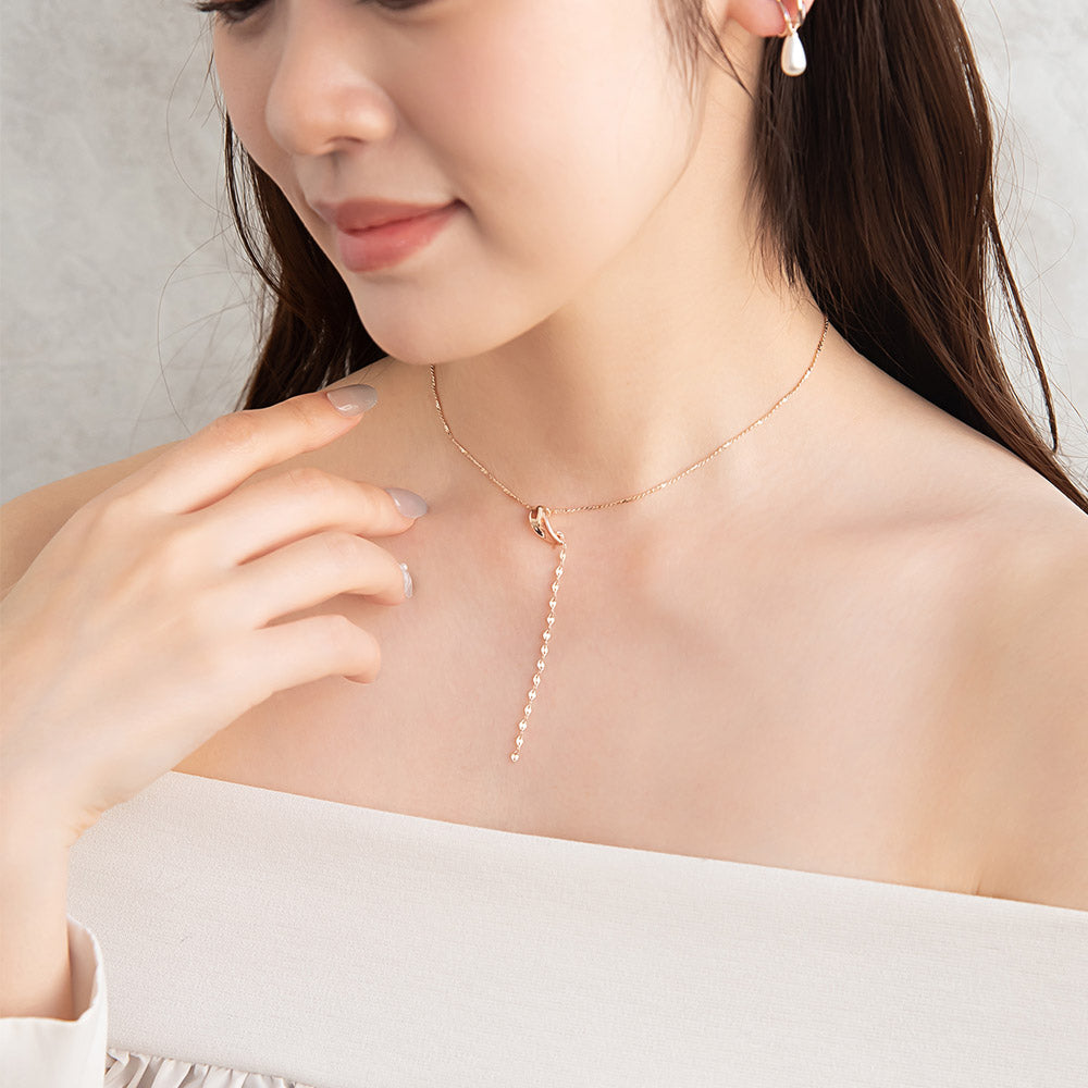 ネックレス ニッケルフリー ロゼシルバー メタル キュービックジルコニア カーブ ライン プレート Y字 スライドボール ペタル チェーン ロングネックレス