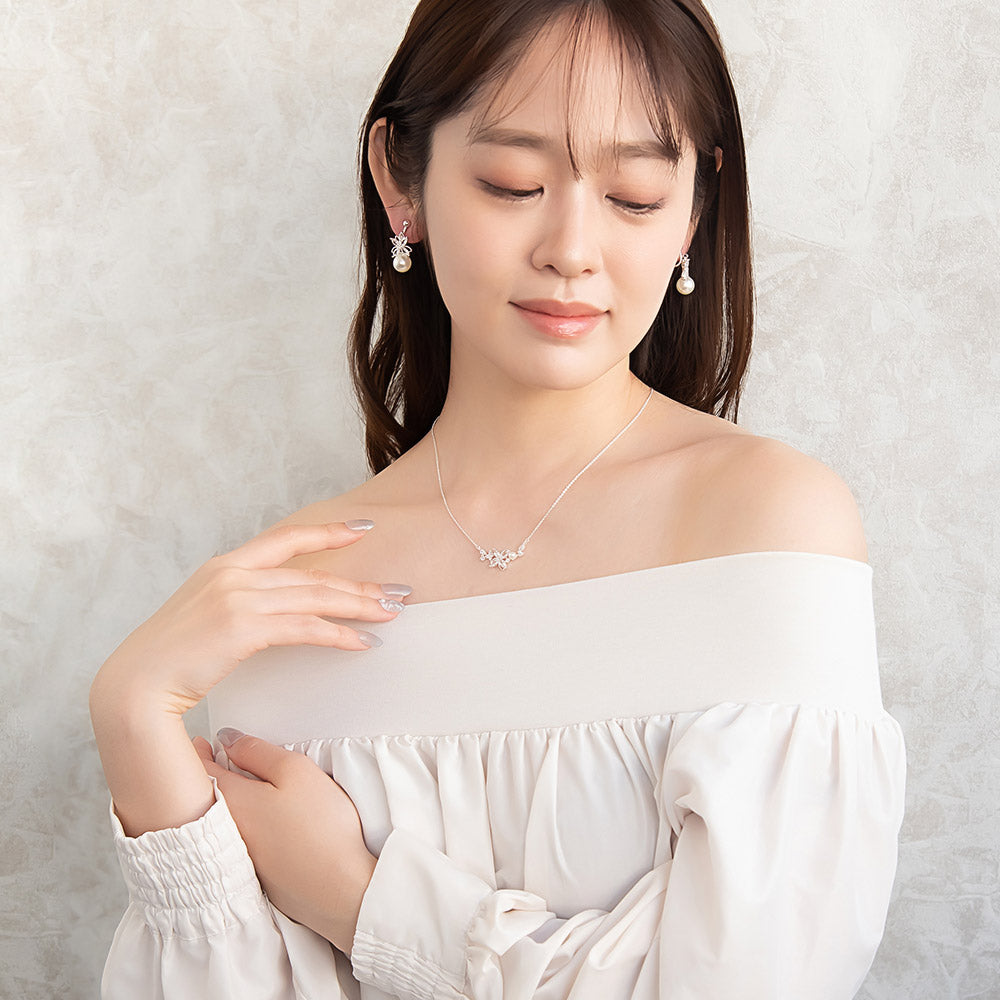 ネックレス ニッケルフリー メタル キュービックジルコニア パール フラワー 花 チェーン ショートネックレス