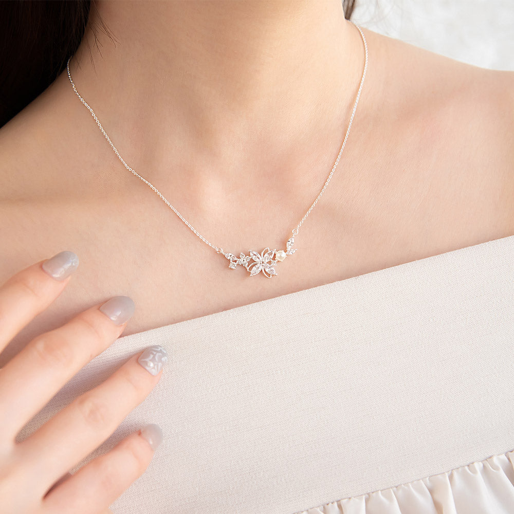 ネックレス ニッケルフリー メタル キュービックジルコニア パール フラワー 花 チェーン ショートネックレス