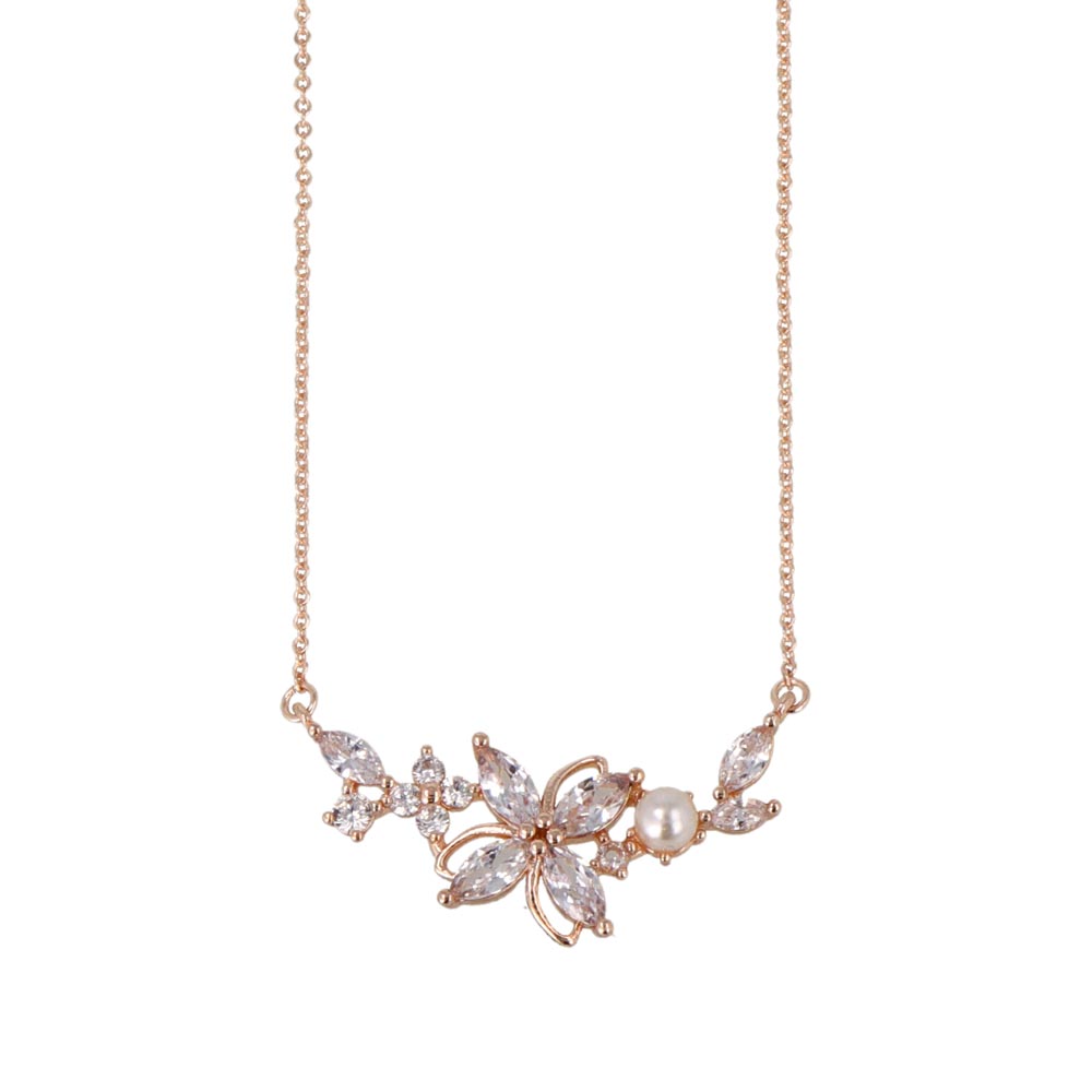 ネックレス ニッケルフリー メタル キュービックジルコニア パール フラワー 花 チェーン ショートネックレス