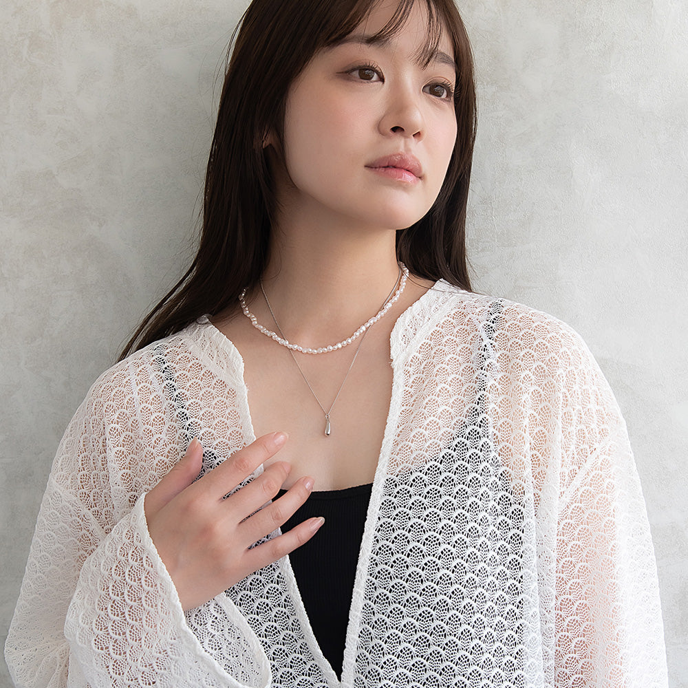ネックレス ニッケルフリー メタル ドロップ チェーン パール 2連風 ショートネックレス