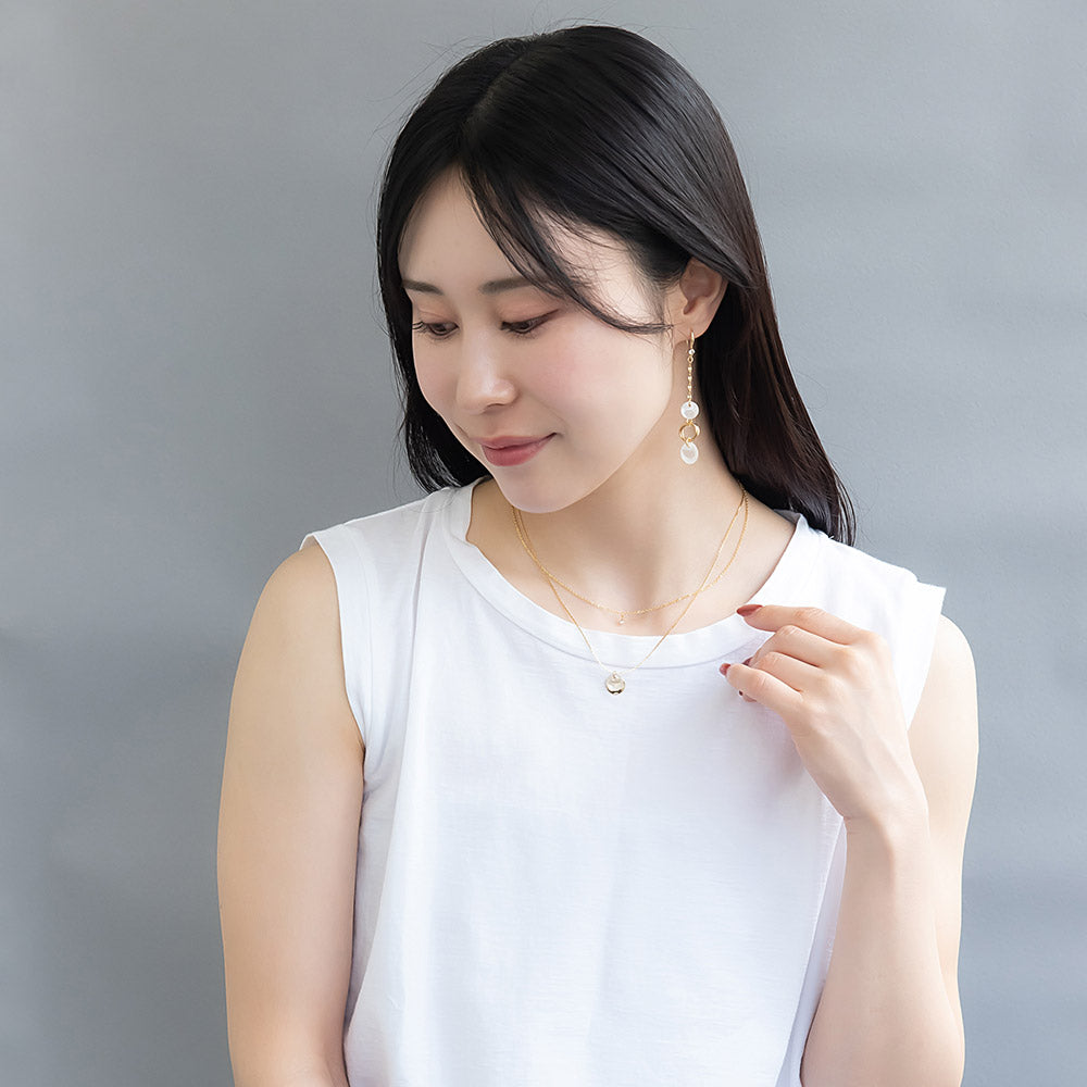 ネックレス ニッケルフリー メタル シェル サークル プレート ストーン 2連 チェーン ショートネックレス