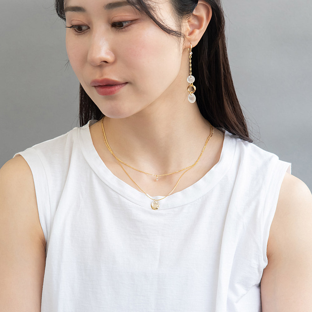 ネックレス ニッケルフリー メタル シェル サークル プレート ストーン 2連 チェーン ショートネックレス