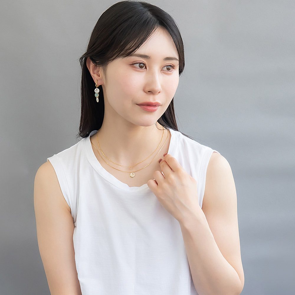 ネックレス ニッケルフリー メタル シェル サークル プレート ストーン 2連 チェーン ショートネックレス