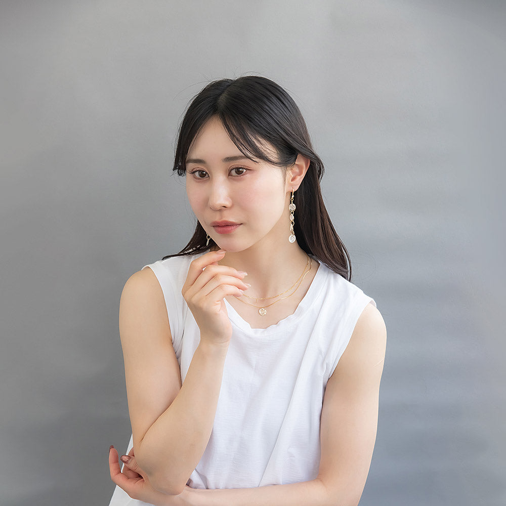 ネックレス ニッケルフリー メタル シェル サークル プレート ストーン 2連 チェーン ショートネックレス