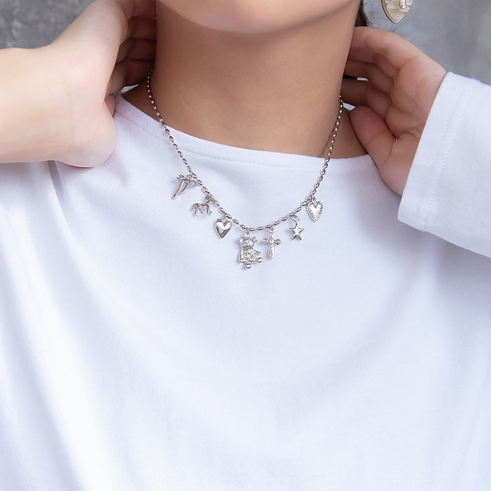 ネックレス yura ニッケルフリー メタル リボン ユニコーン ハート クマ クロス スター オーバルボール チェーン ショートネックレス