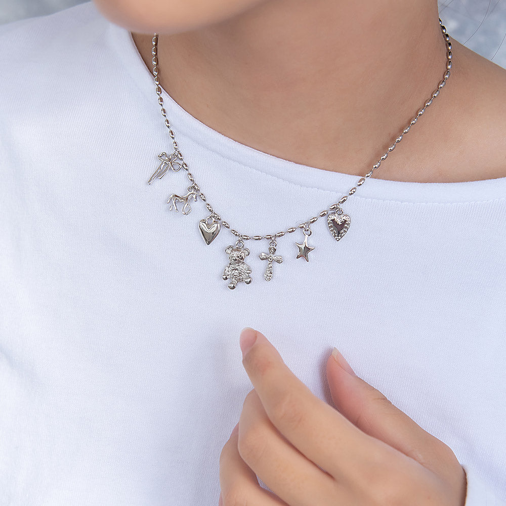 ネックレス yura ニッケルフリー メタル リボン ユニコーン ハート クマ クロス スター オーバルボール チェーン ショートネックレス