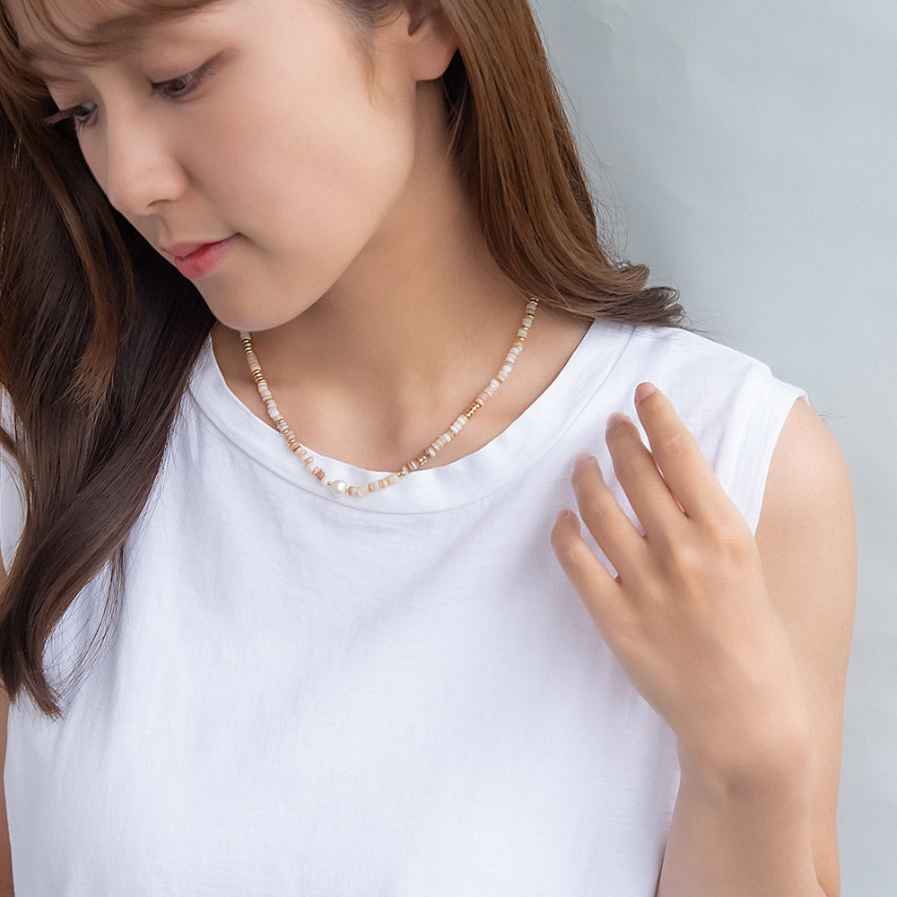 ネックレス ポイント 淡水パール シェル メタル ビーズ ステンレス ショートネックレス