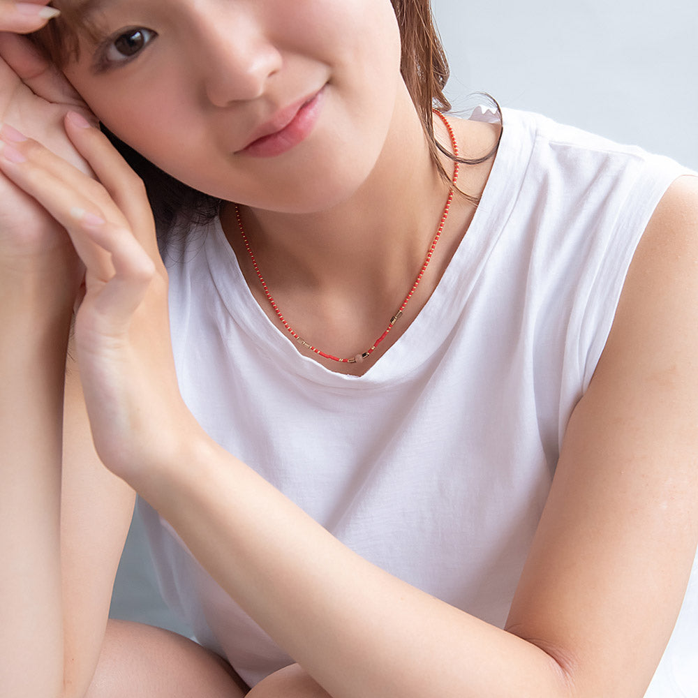 ネックレス ポイント 天然石 メタル カラー ビーズ レッド ステンレス ショートネックレス