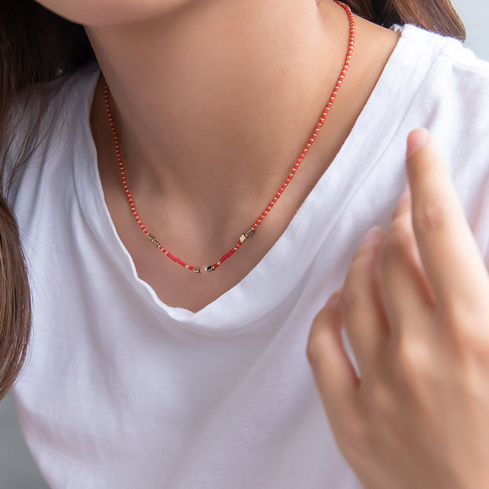 ネックレス ポイント 天然石 メタル カラー ビーズ レッド ステンレス ショートネックレス