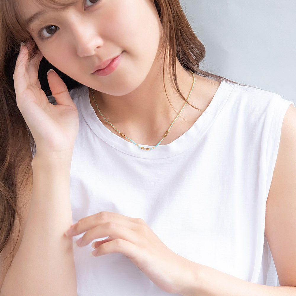 ネックレス ポイント 天然石 メタル カラー ビーズ ブルー ステンレス ショートネックレス