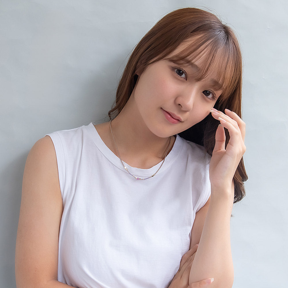 ネックレス ポイント 天然石 メタル カラー ビーズ パープル ステンレス ショートネックレス