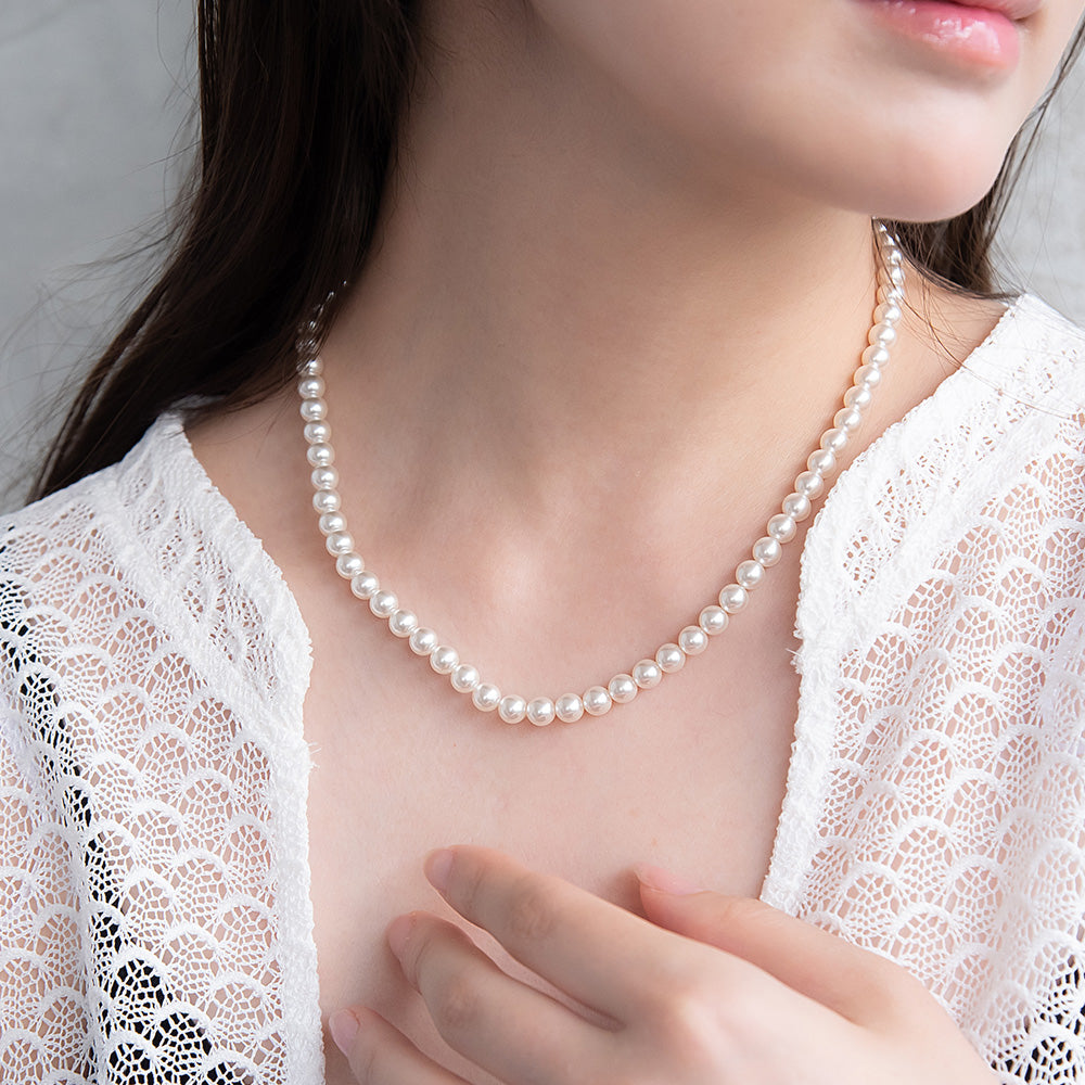 ネックレス 1連 カラー ガラスパール 6mm玉 小粒 ステンレス ショートネックレス