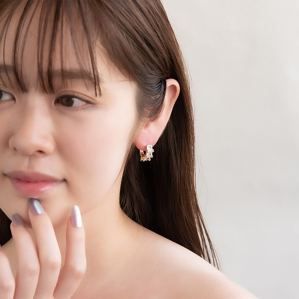 ピアス ニッケルフリー メタル キュービックジルコニア スクエア ライン ワンタッチ フープピアス